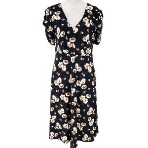 Tommy Hilfiger Dress Womens 10 Black Beige Floral Fit n Flare Stretch Knit Zip